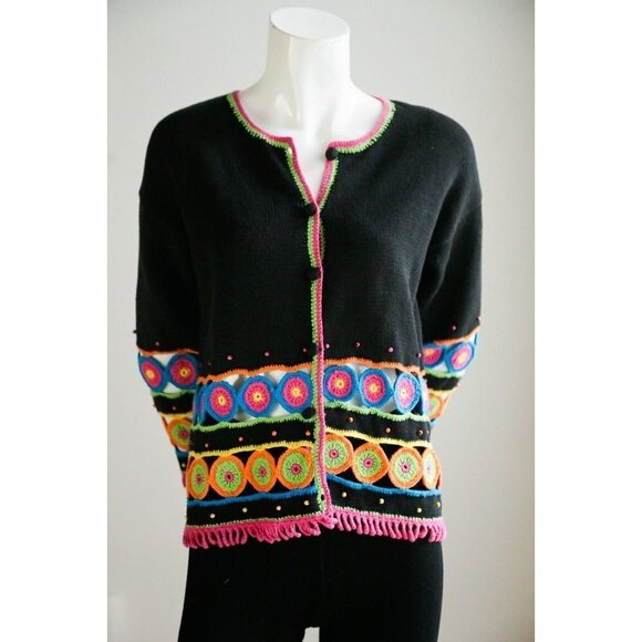 Vintage The Last Best Place Crochet Granny Squares Detail Wool Cotton Cardigan S - Picture 2 of 9